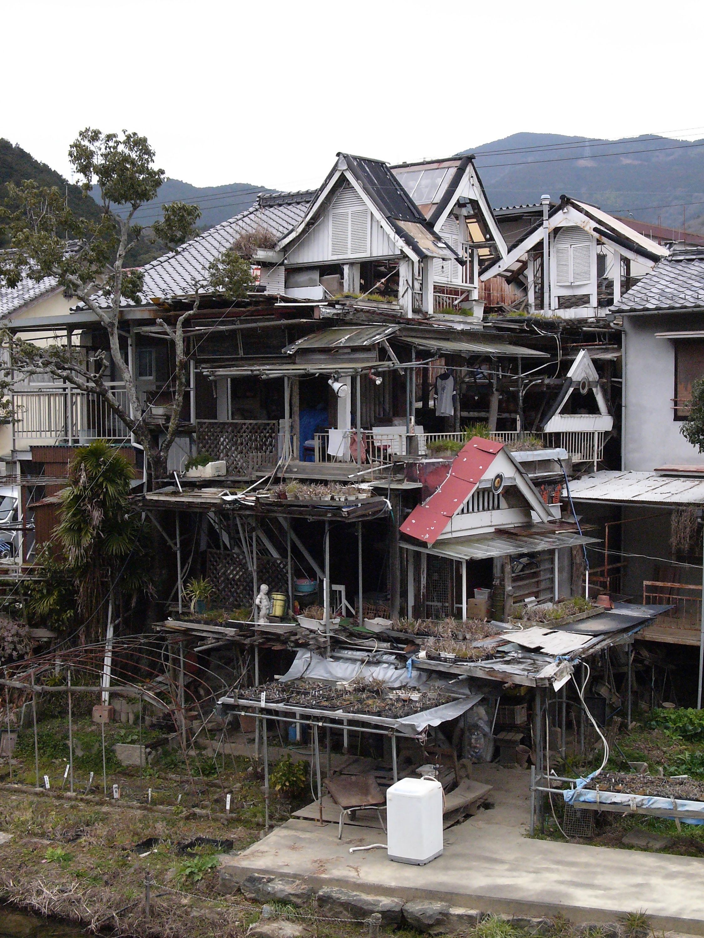 A rambling, very strange house, several stories tall, with many little roofs.