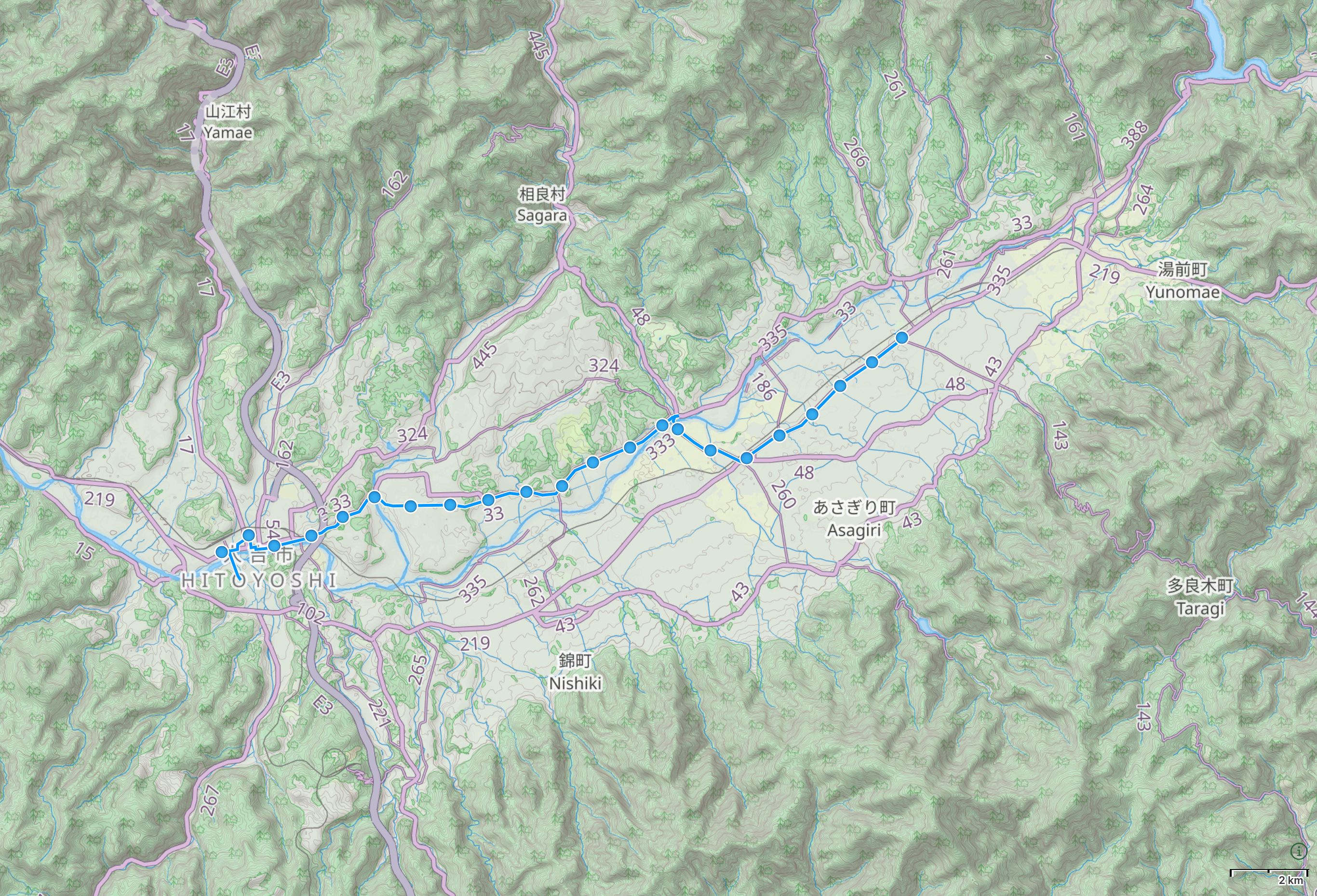 Map of Kumamoto with author’s route from Hitoyoshi to Taragi highlighted.
