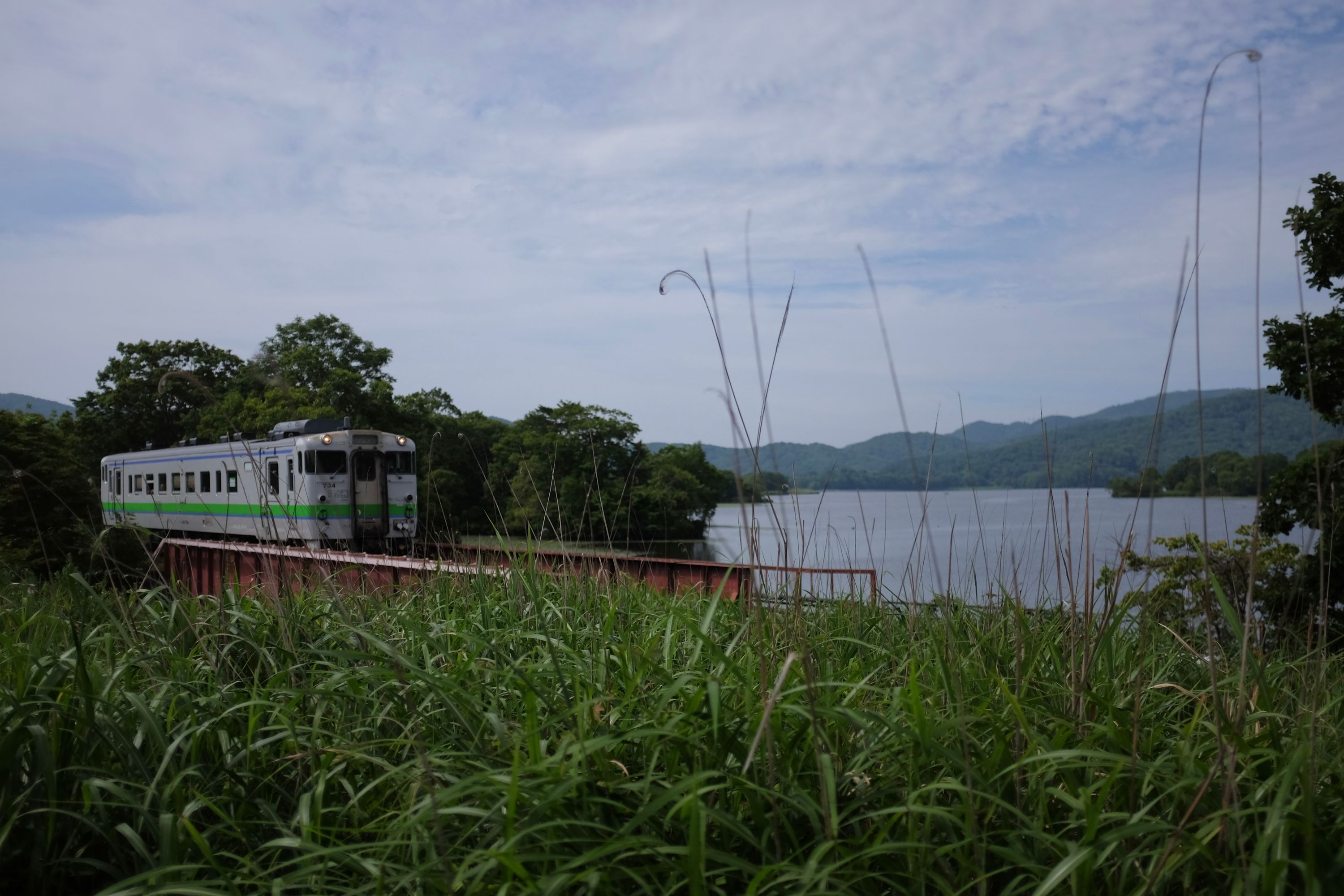 A small green train crosses a bridge by a lake.