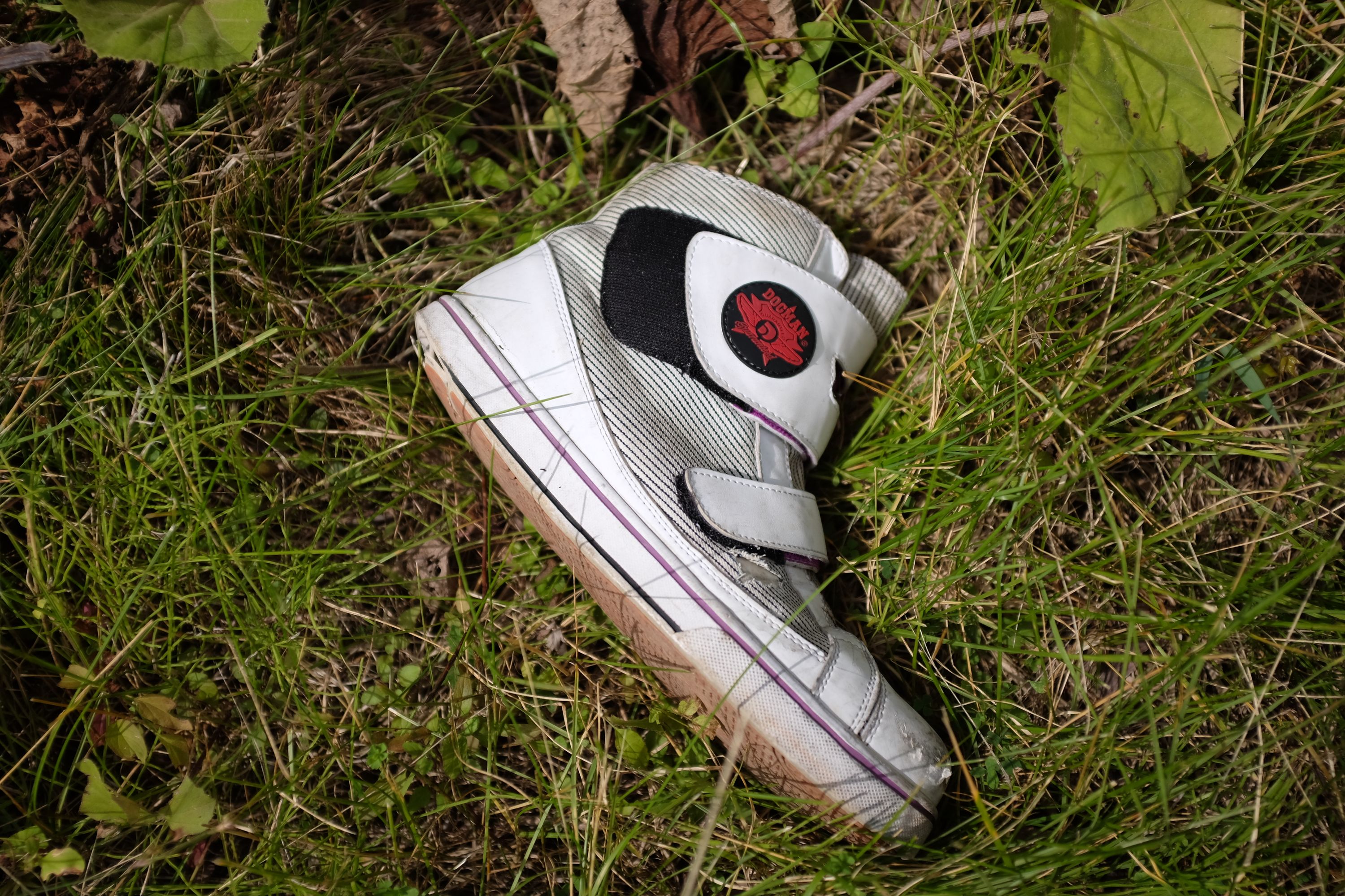 An abandoned white basketball shoe in the grass.