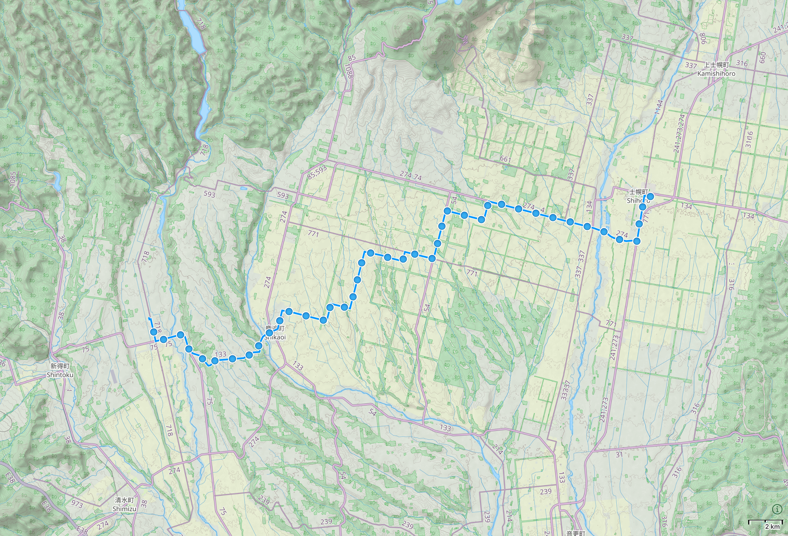 Map of Hokkaido with author’s route from Shintoku to Shihoro highlighted.