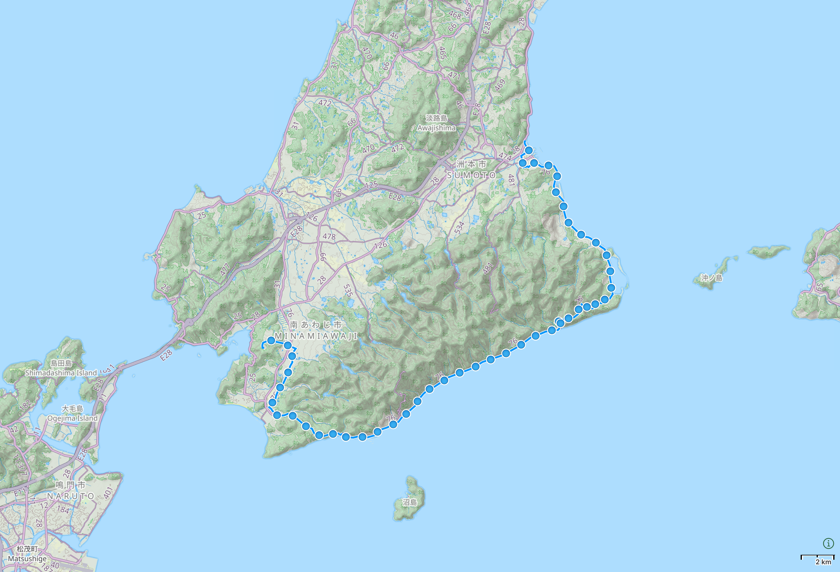 Map of Awaji Island in Hyōgo Prefecture with author’s route between South Awaji City and Sumoto highlighted.