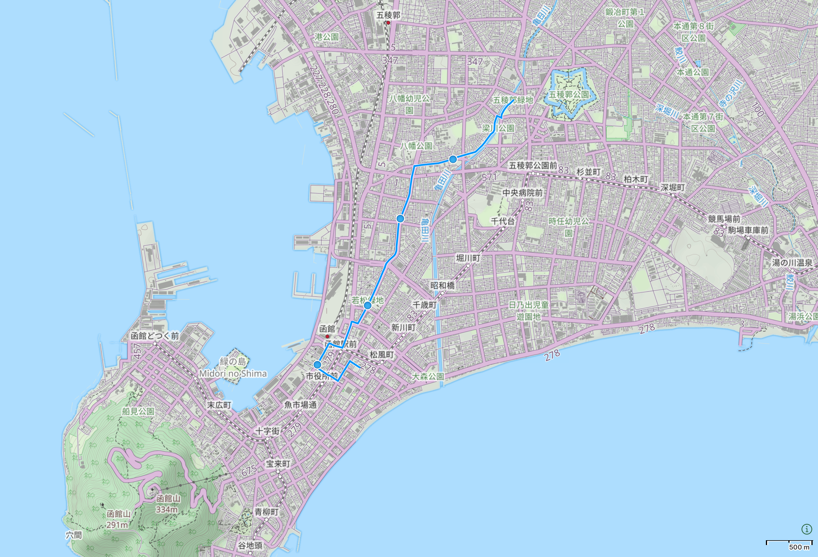 Map of Hakodate, Hokkaido with author’s route in the city highlighted.
