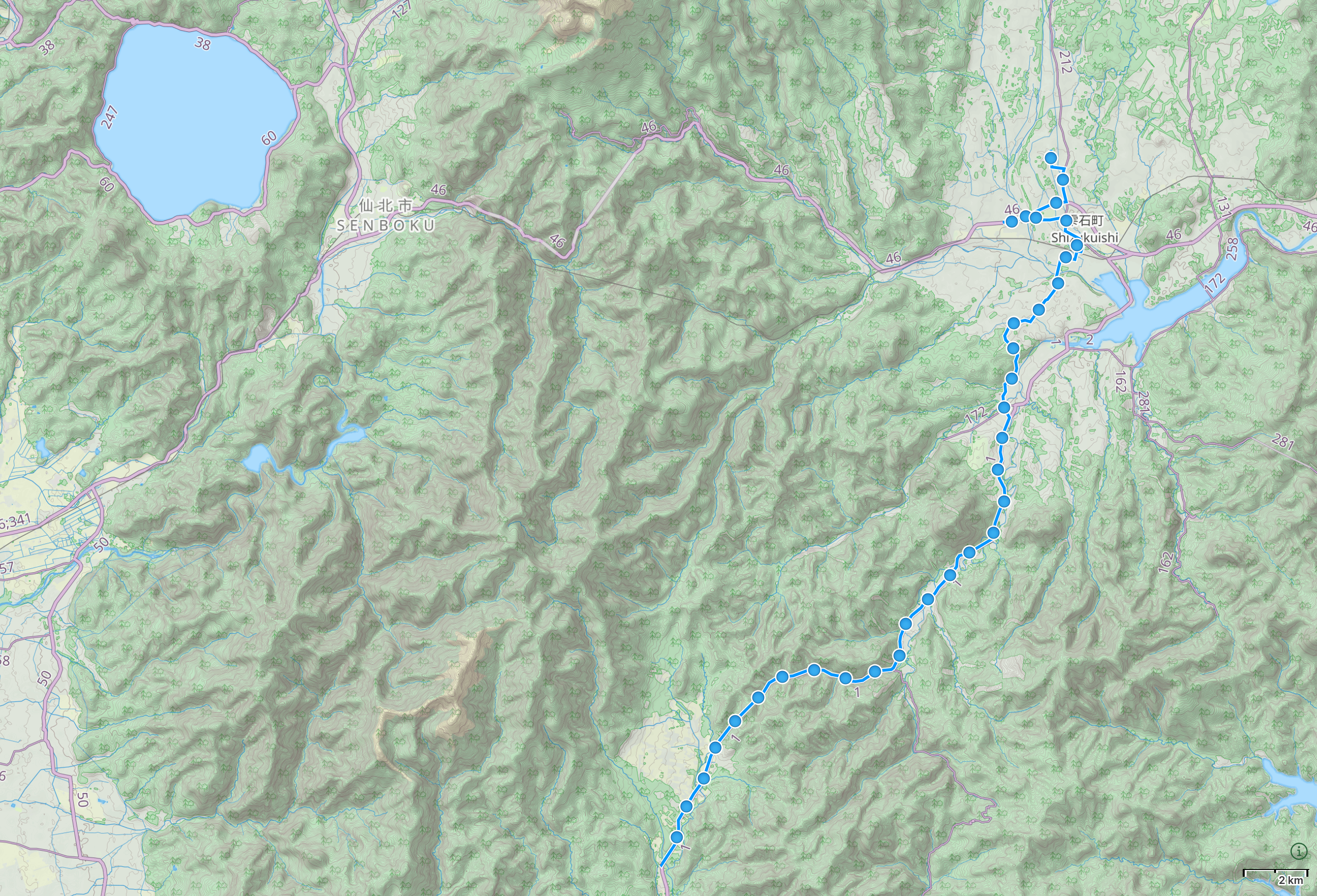 Map of Iwate prefecture with author’s route from Sawauchi to Shizukuishi highlighted.