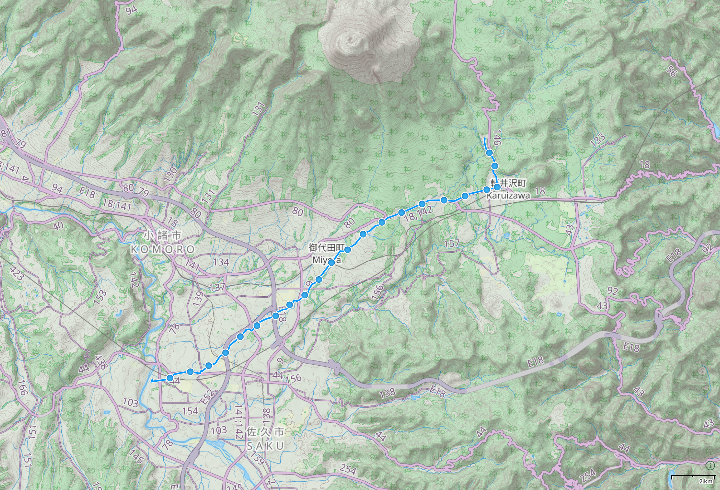 Map of Nagano with author’s route from Mochizuki to Karuizawa highlighted.