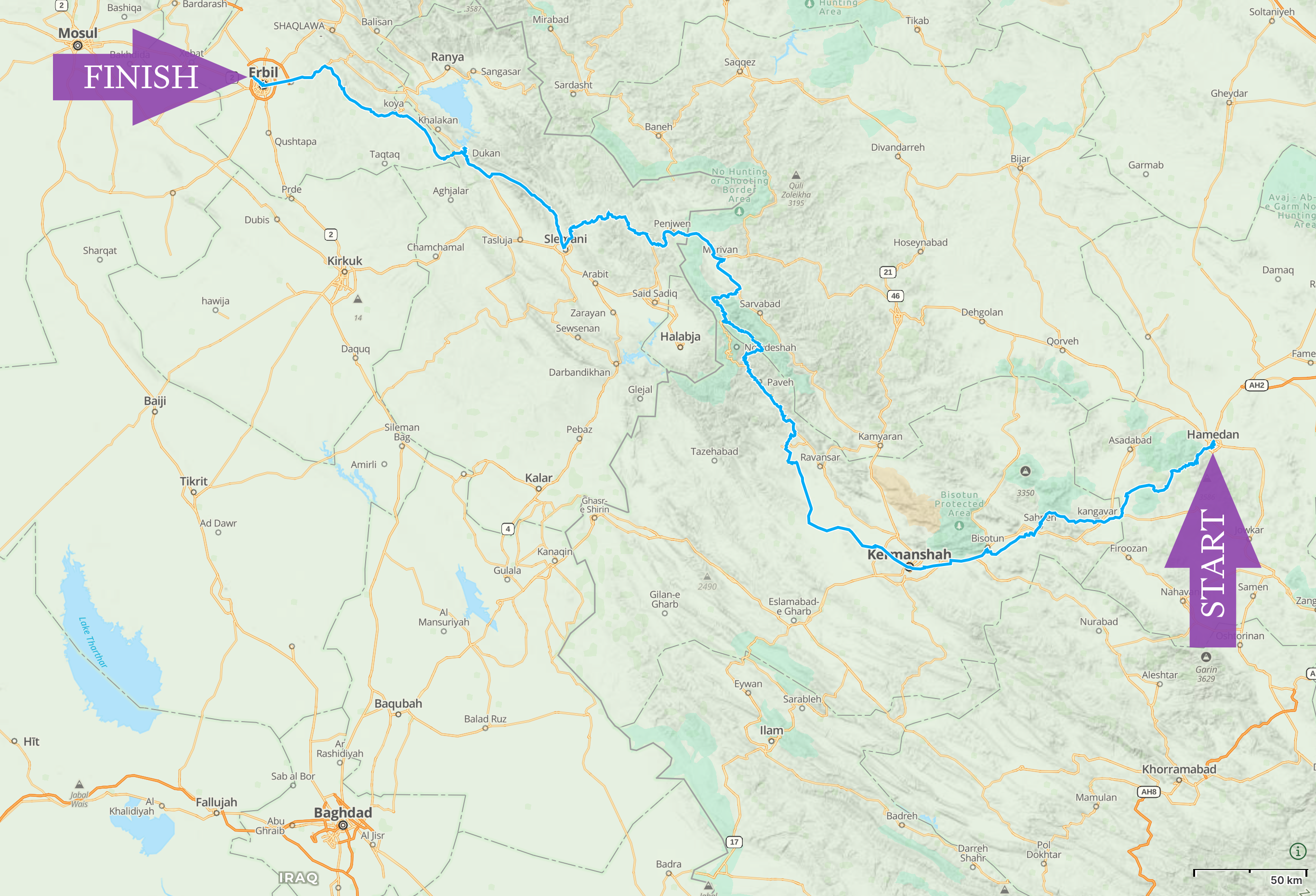 Map of Kurdistan with the route I walked in 2016 highlighted.