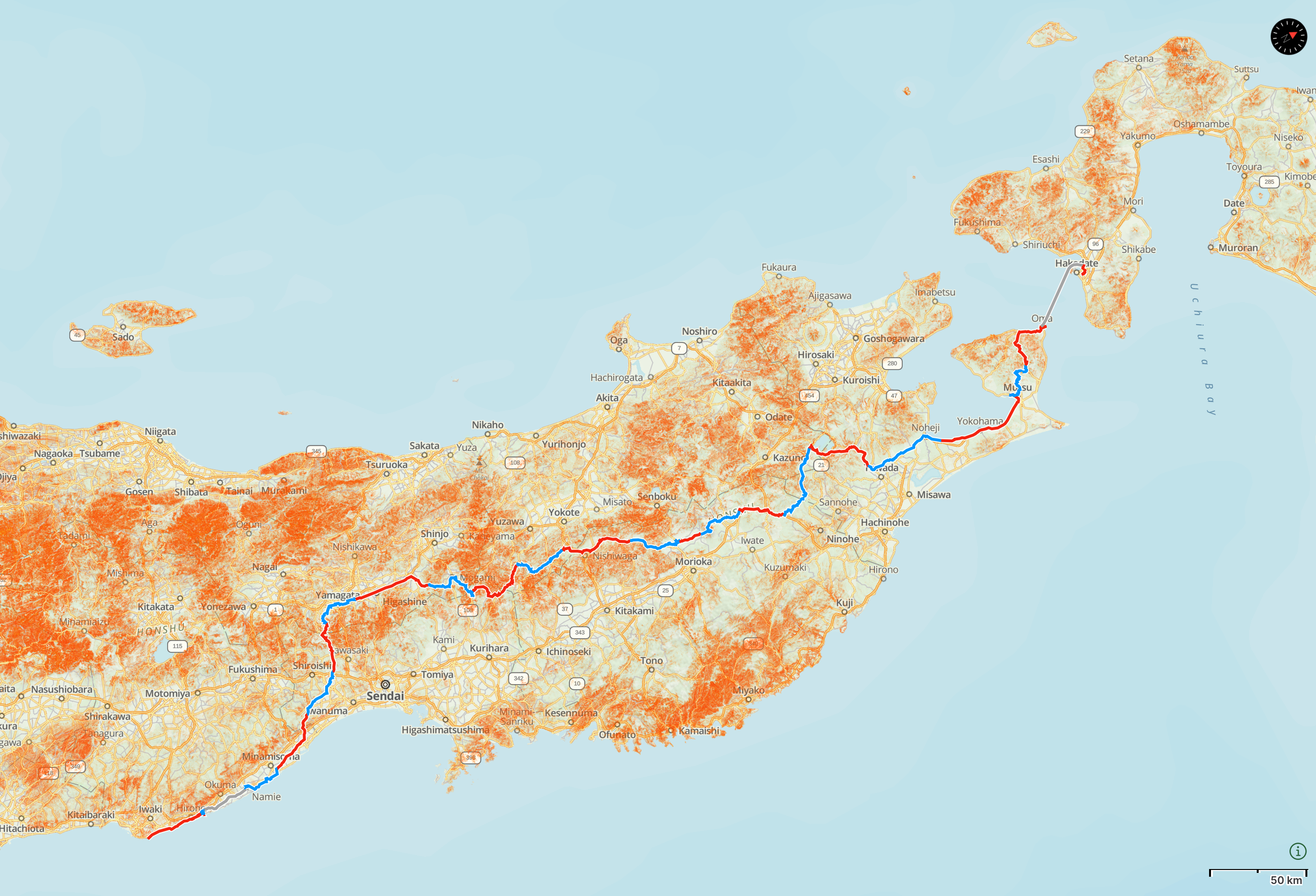 Map of Tōhoku (Northeast Honshu) with the route of “These Walking Dreams” highlighted.