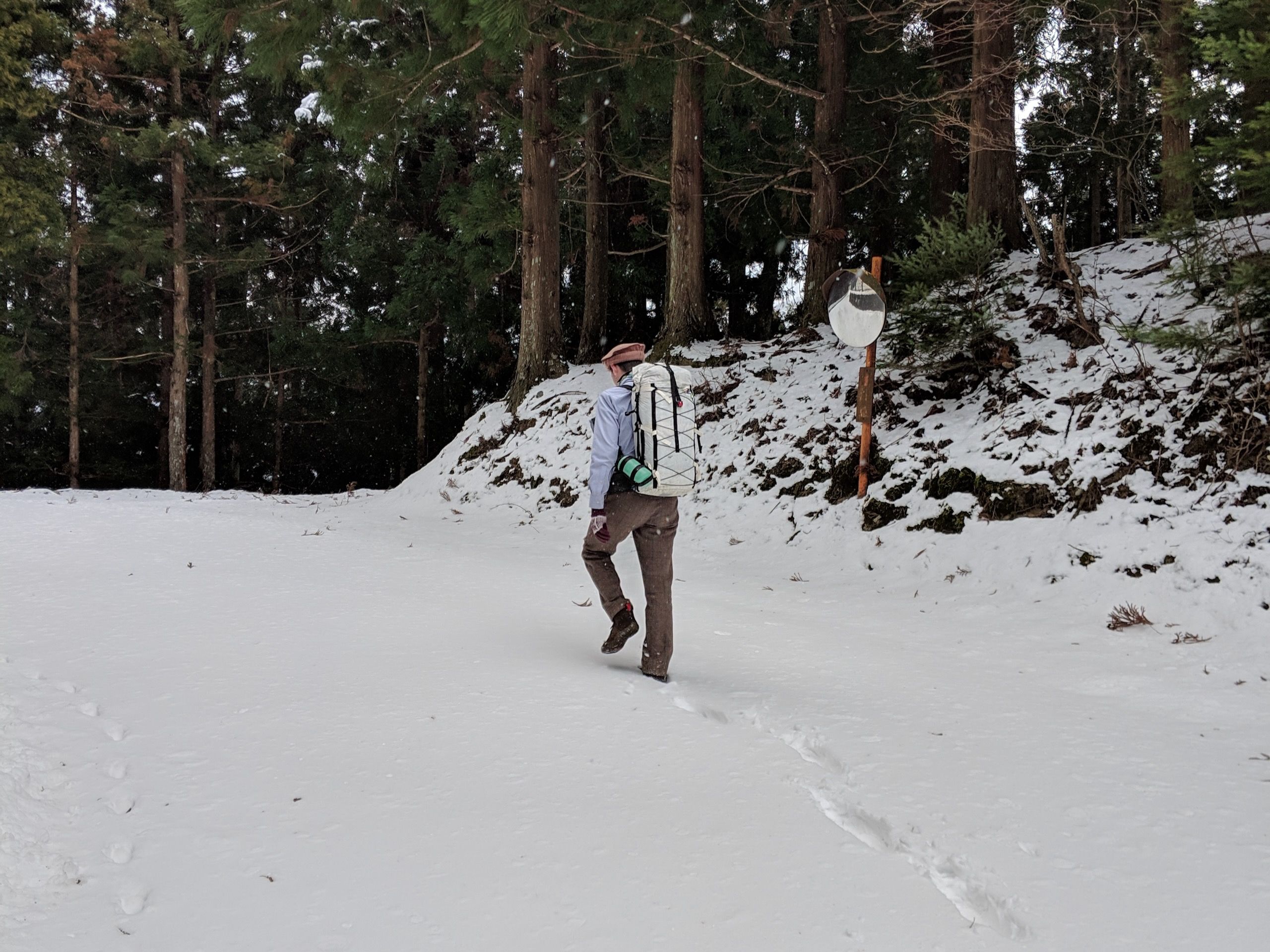 Peter Orosz walking through a snow-covered path in a coniferous forest. He is wearing light-colored clothing, a backpack, and is seen from behind as they follow footprints in the snow. The path leads uphill toward a trail marker post visible on the right side. Tall pine or cedar trees with dark green foliage line both sides of the trail, creating a stark contrast against the white snow. The hillside is partially snow-covered with some exposed earth and rocks visible on the slopes.