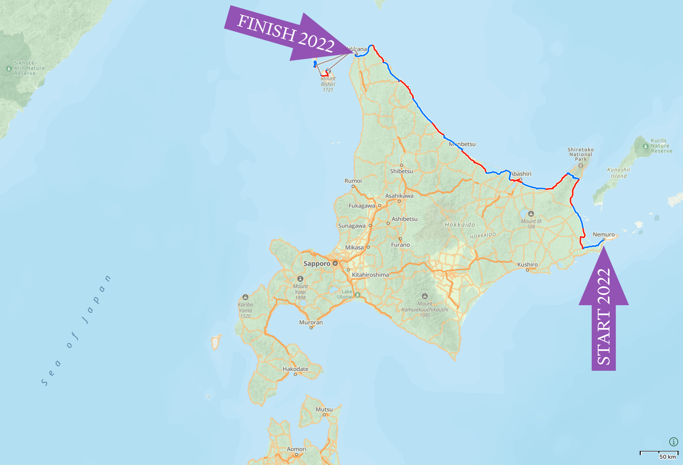 Map of Hokkaido with the route I walked in 2012 highlighted.
