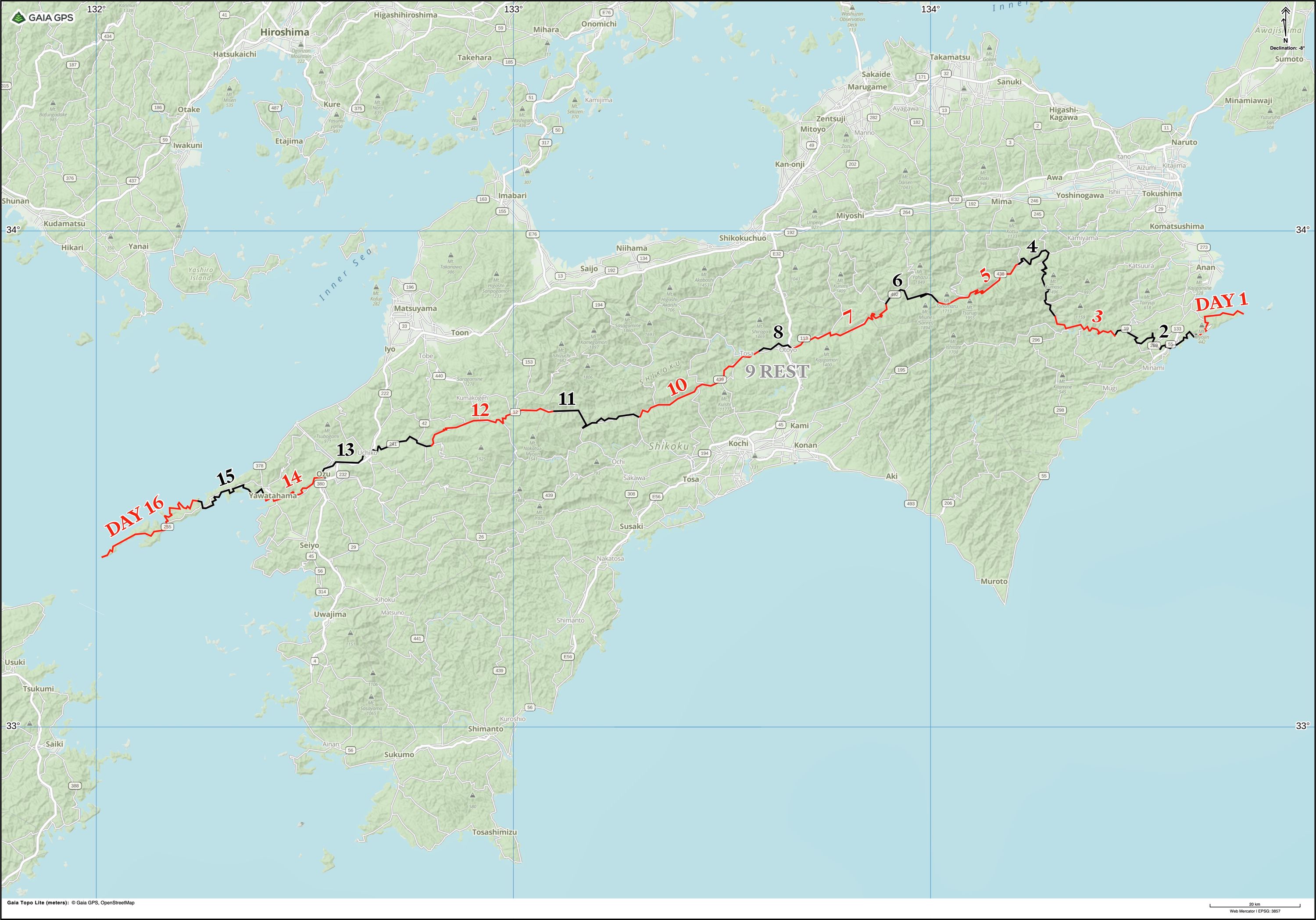 Map of Shikoku with the route of Shikoku Field Diary highlighted.