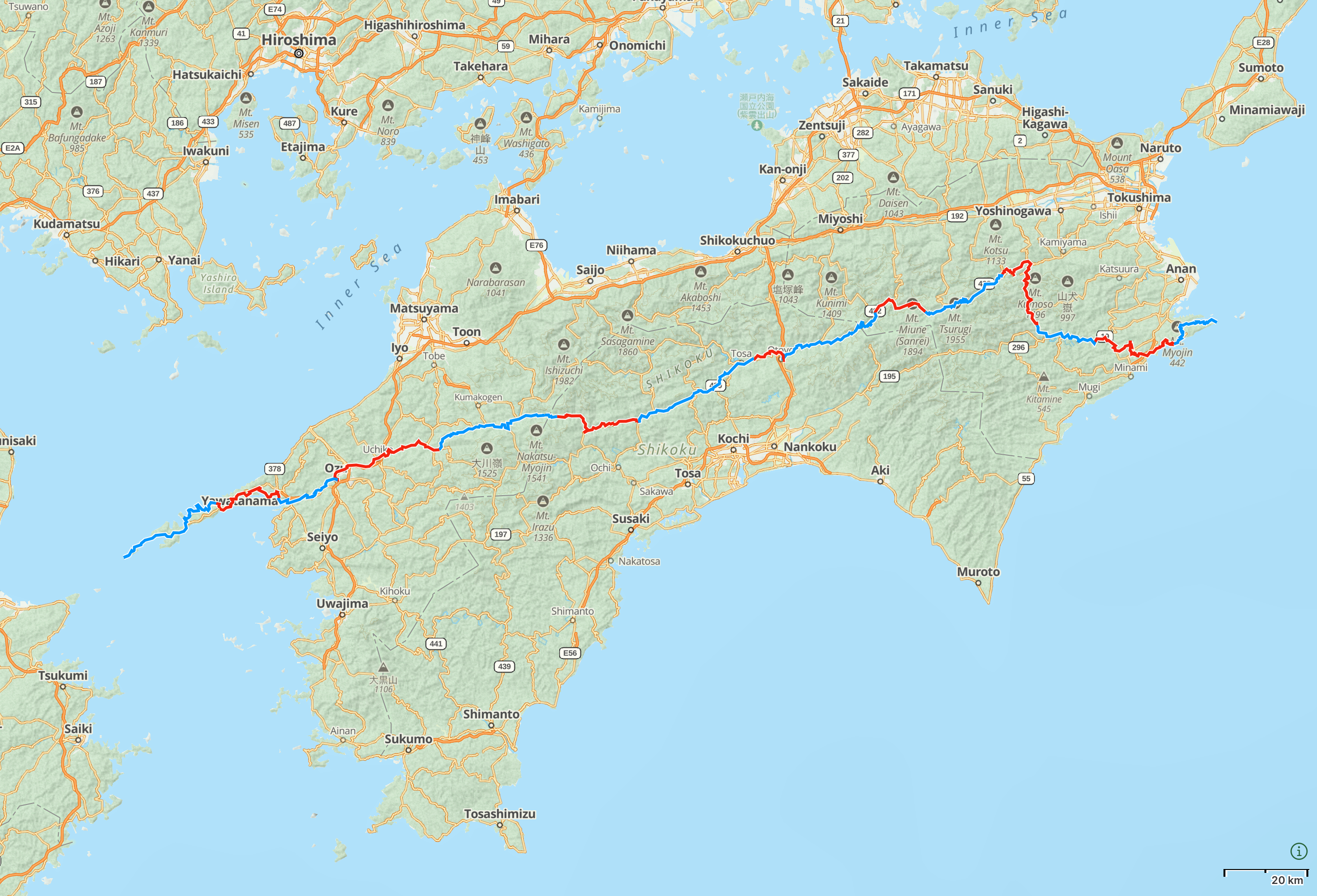 Map of Shikoku with the route of Shikoku Field Diary highlighted.