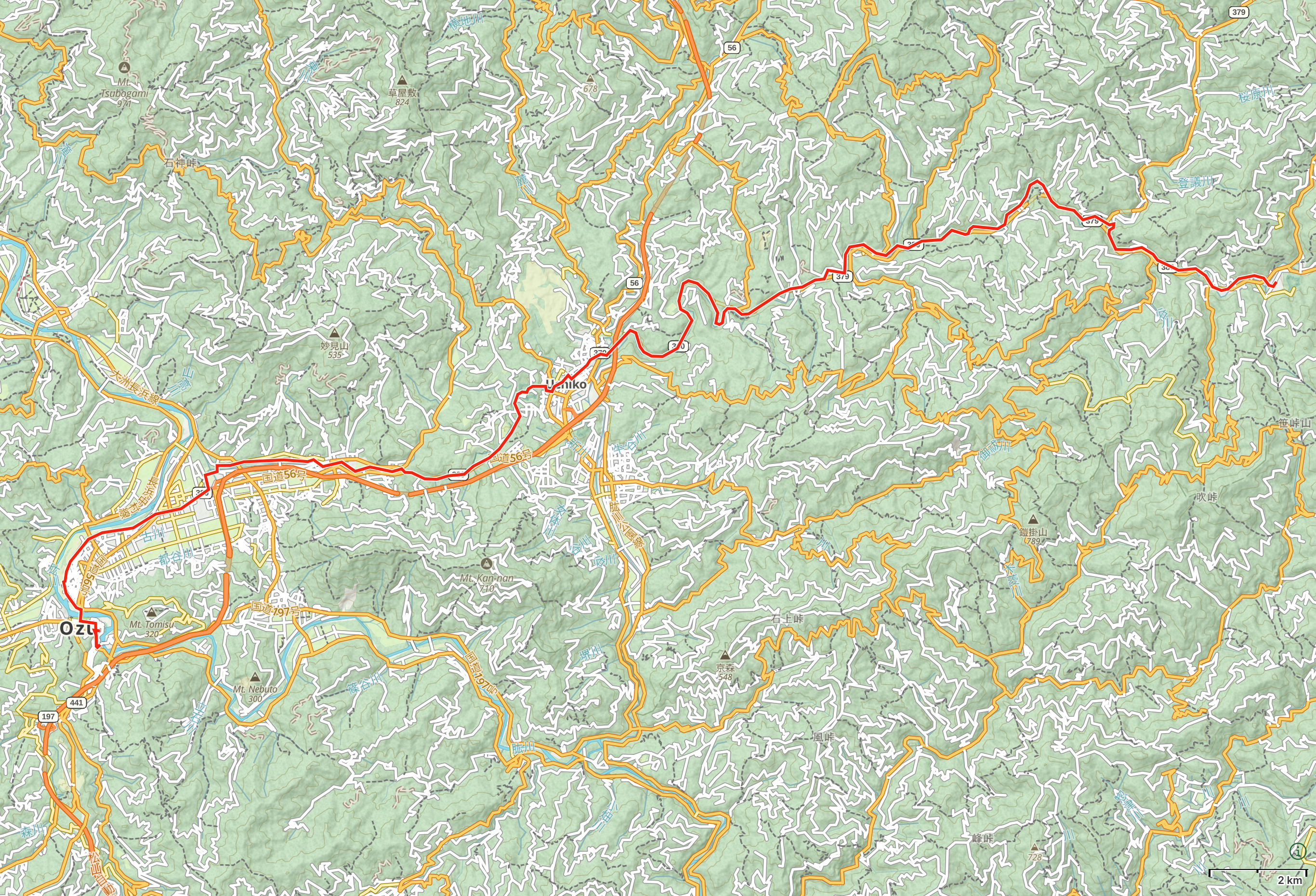 Map of Ehime Prefecture with author’s route between Oda and Ōzu highlighted.