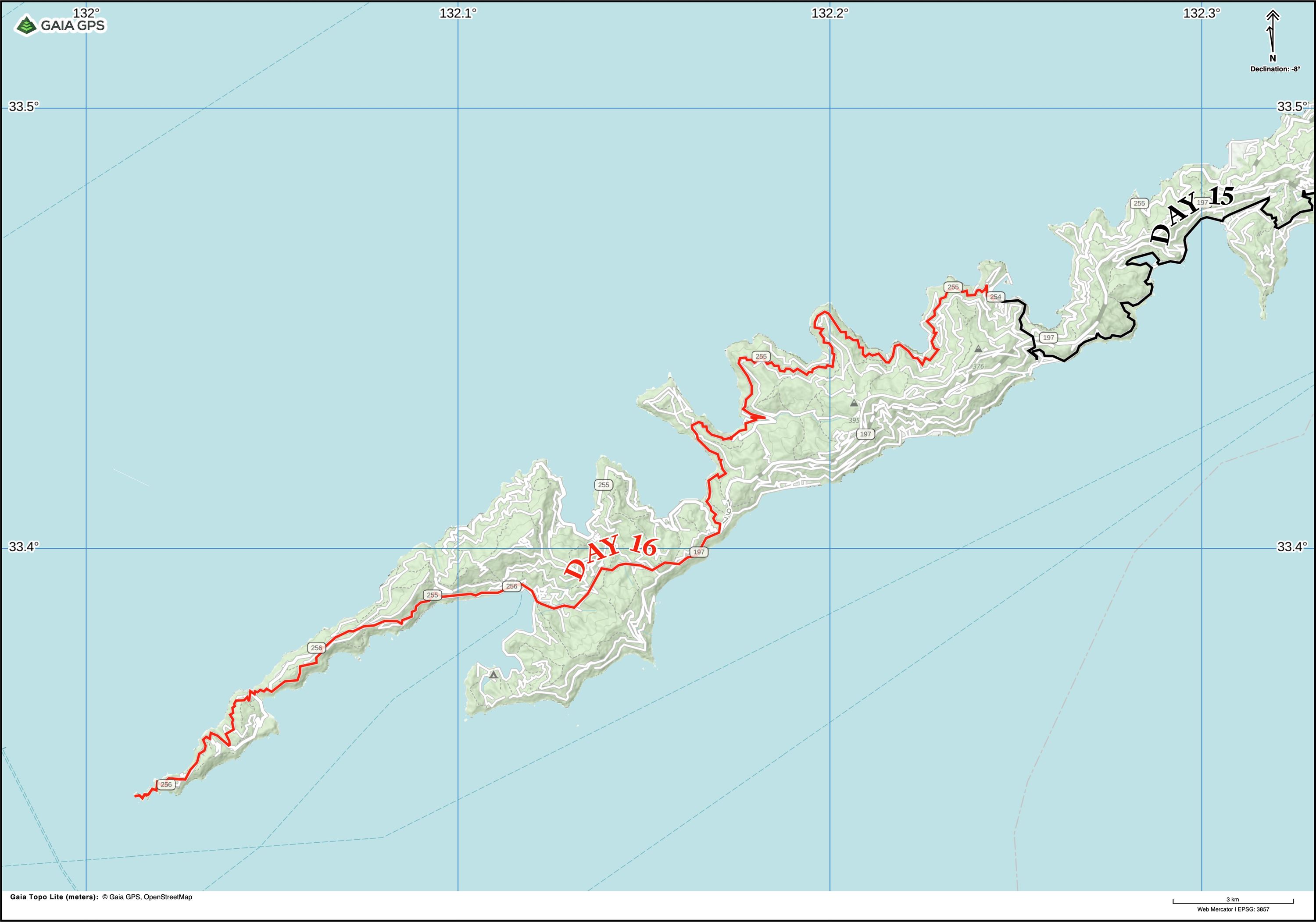 Map of Ehime Prefecture with author’s route between Mitsukue and Cape Sada, the westernmost point of Shikoku, highlighted.