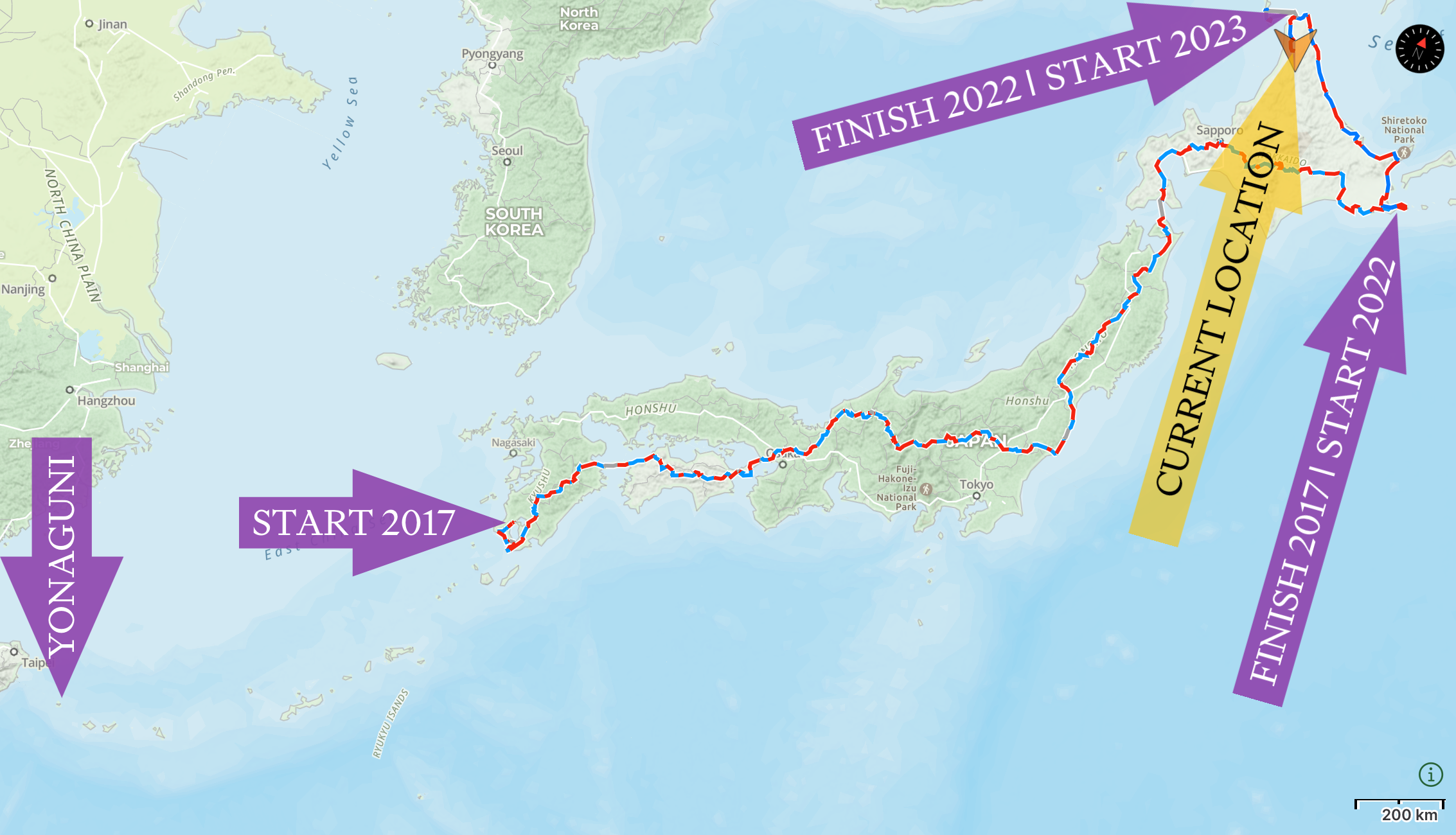 Map of Japan with my walking routes in 2017, 2022, and 2023 highlighted.