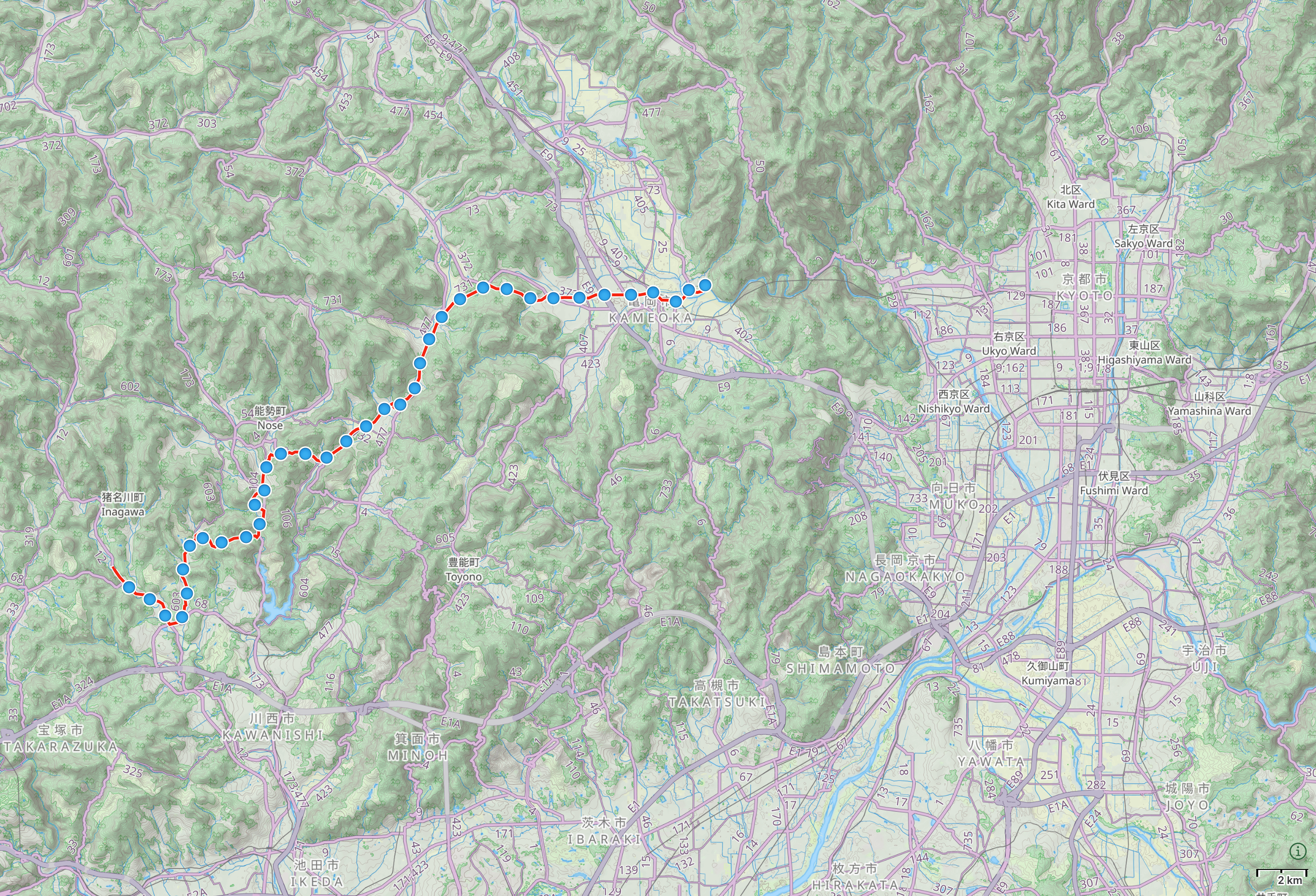 Map of the Kansai region with author’s route between Inagawa, Hyōgo and Kameoka, Kyōto highlighted.