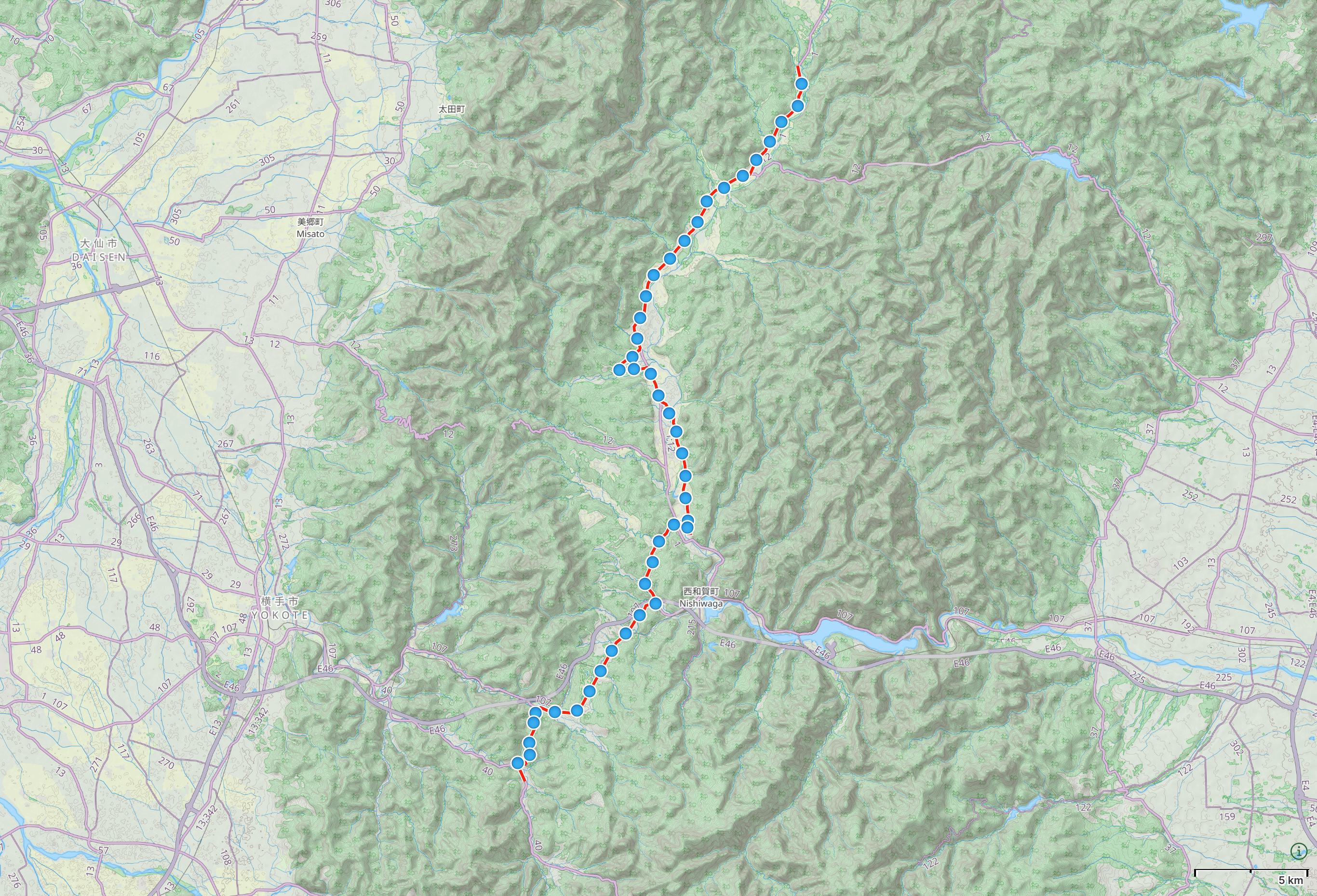 Map of Tōhoku with author’s route from Sannai, Akita to Sawauchi, Iwate highlighted.