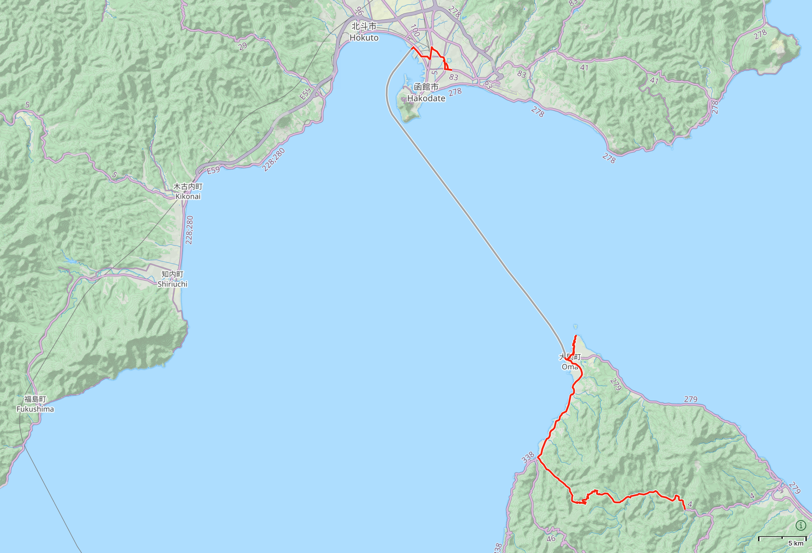 Map of Northern Japan with author’s route from Yagen Hot Spring to Ōma in Aomori, then across the Tsugaru Strait to Hakodate, Hokkaido, highlighted.