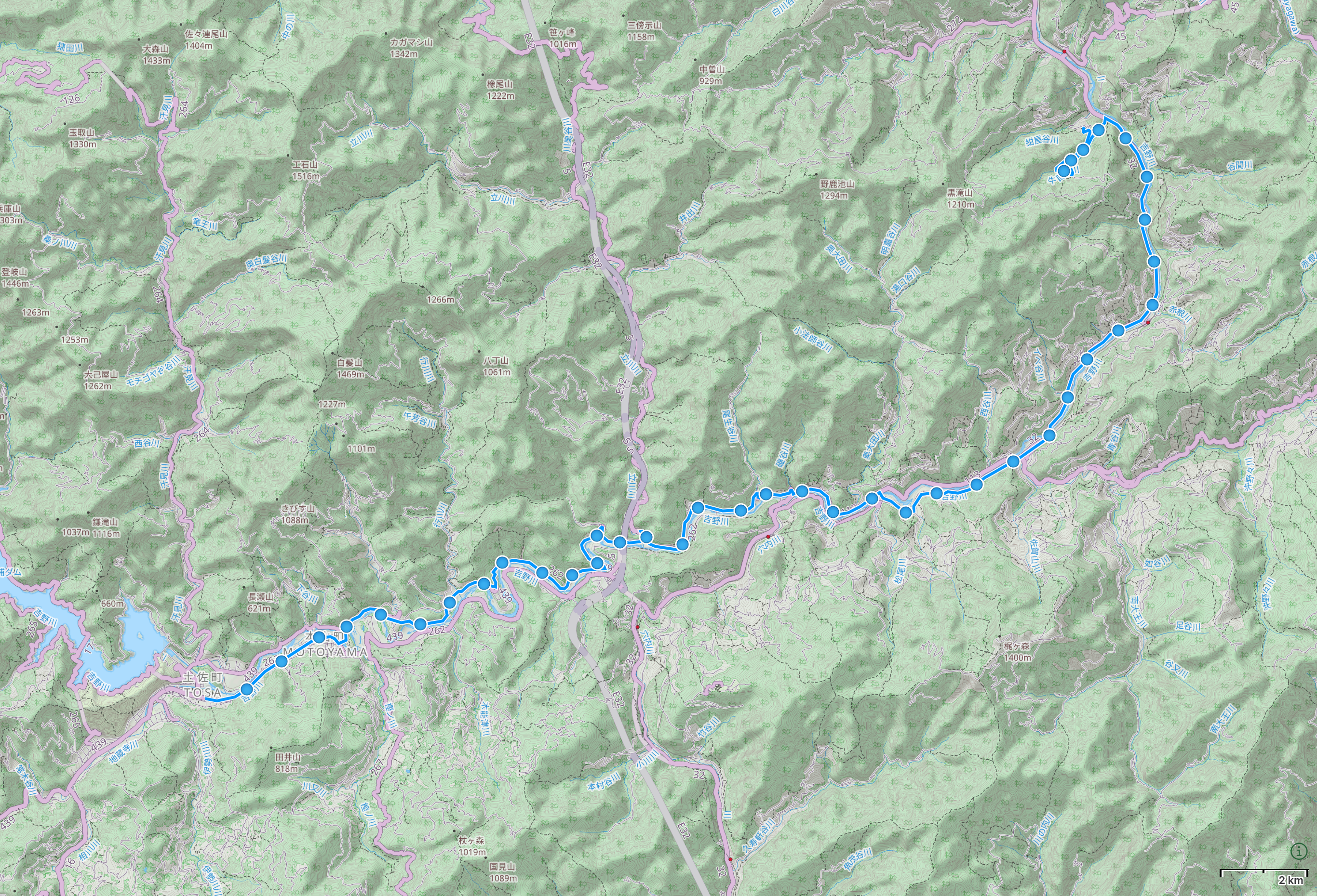 Map of Kōchi and Tokushima Prefectures with author’s route between Tosa and Yamajiro highlighted.