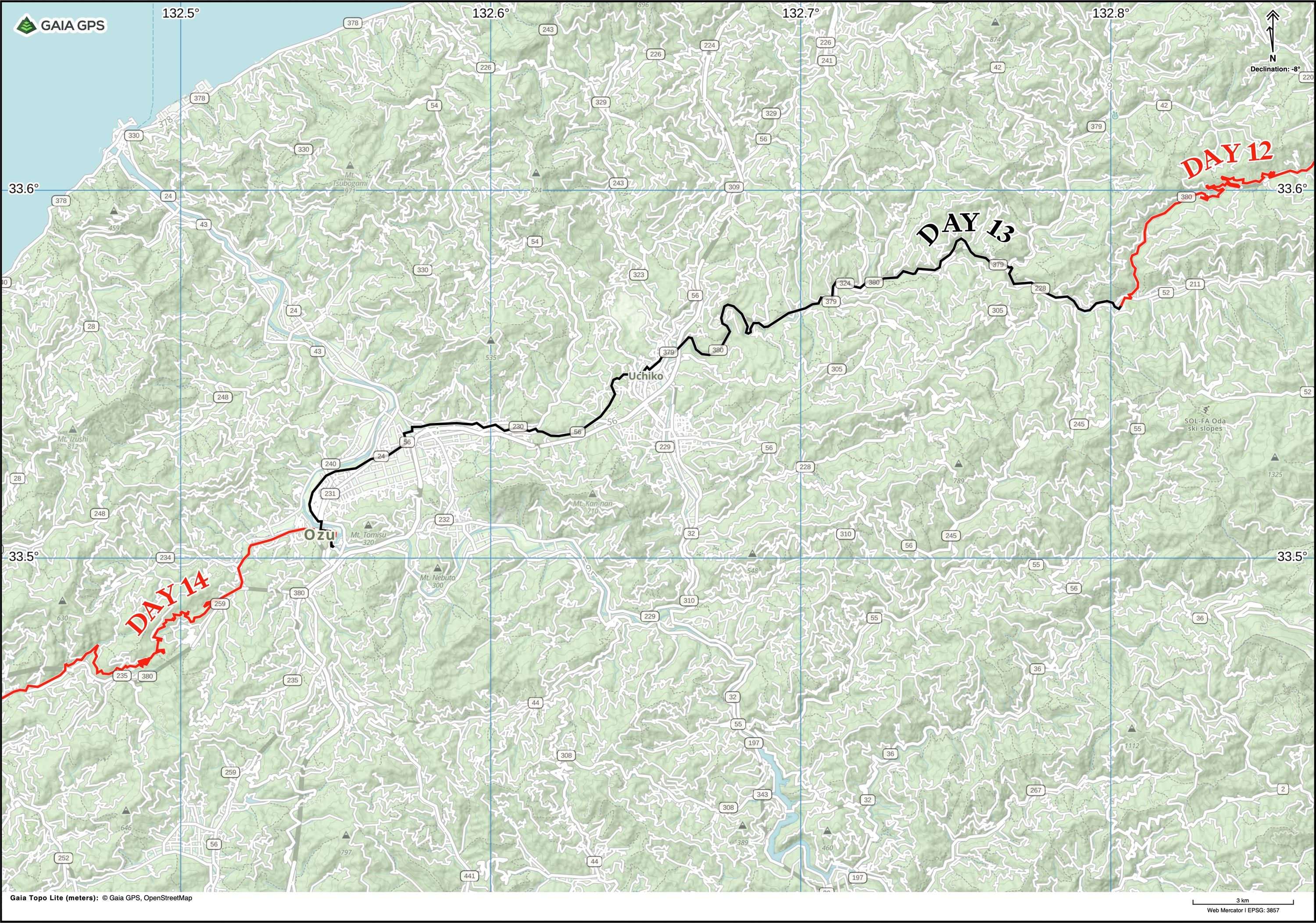 Map of Ehime Prefecture with author’s route between Oda and Ōzu highlighted.