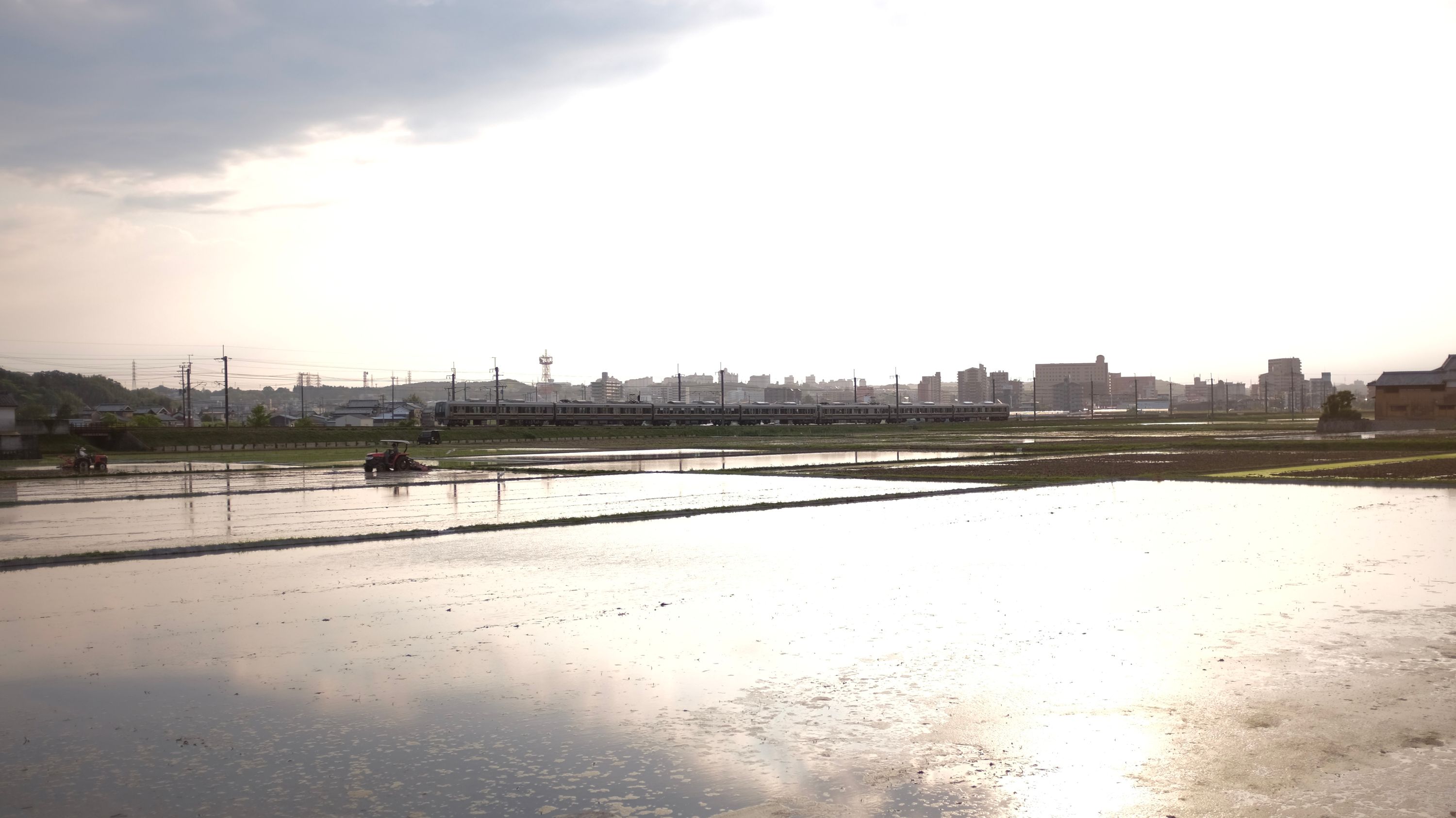 A train passes behind flooded ricefields worked by farmers on small tractors, with the buildings of a city on the horizon.