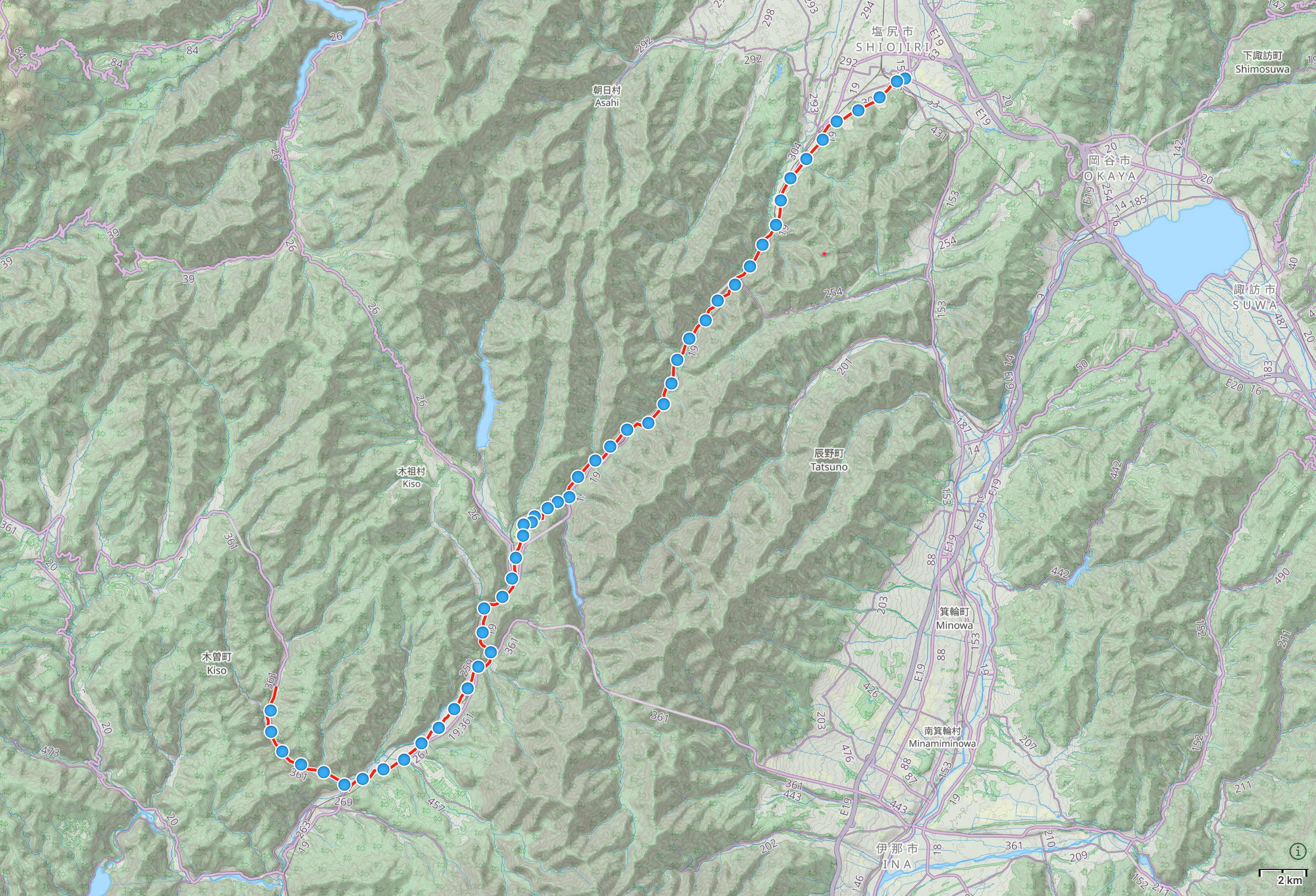 Map of Nagano with author’s route from Kiso Fukushima to Shiojiri highlighted.