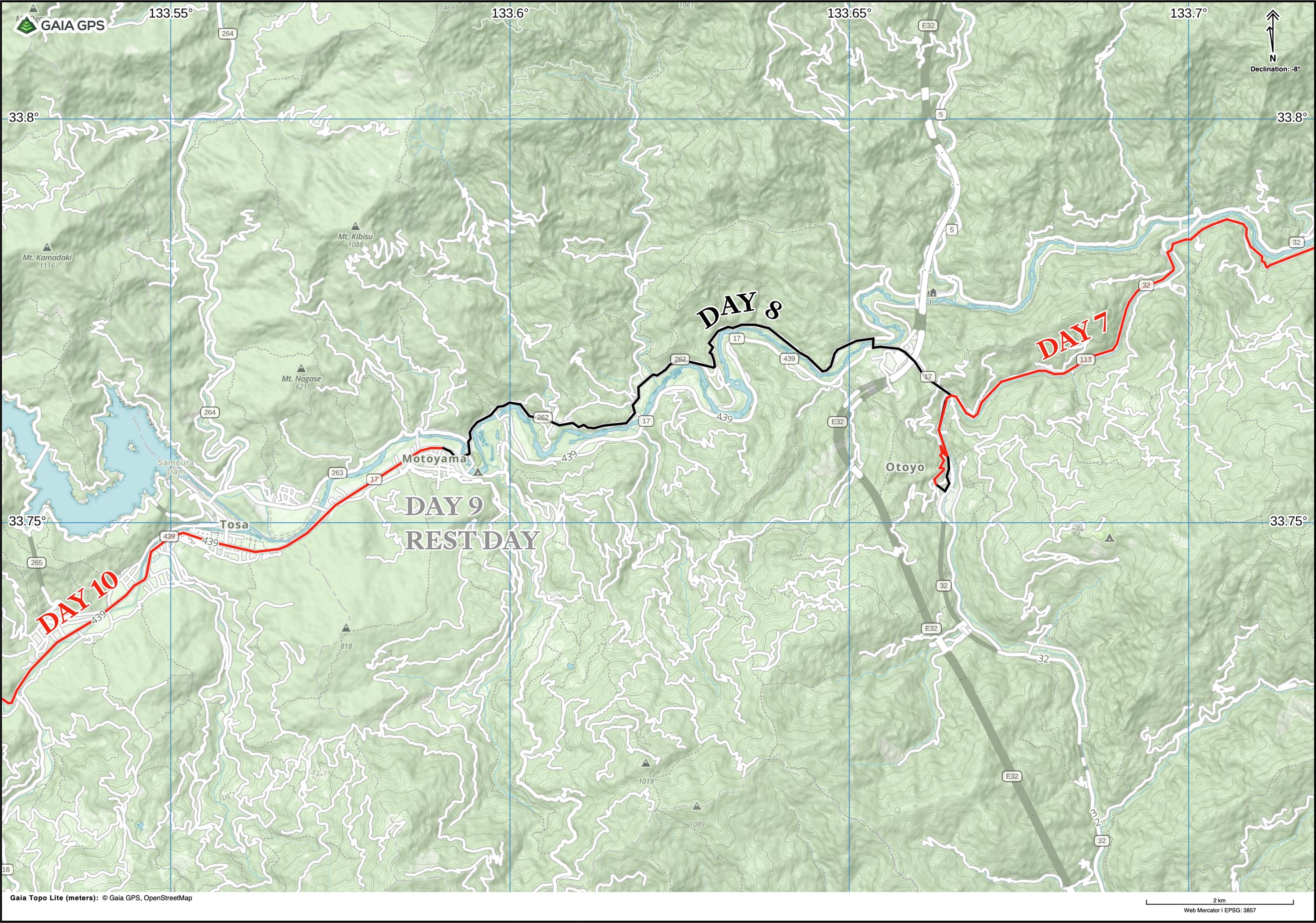 Map of Kōchi Prefecture with author’s route between Ōsugi and Tosa highlighted.