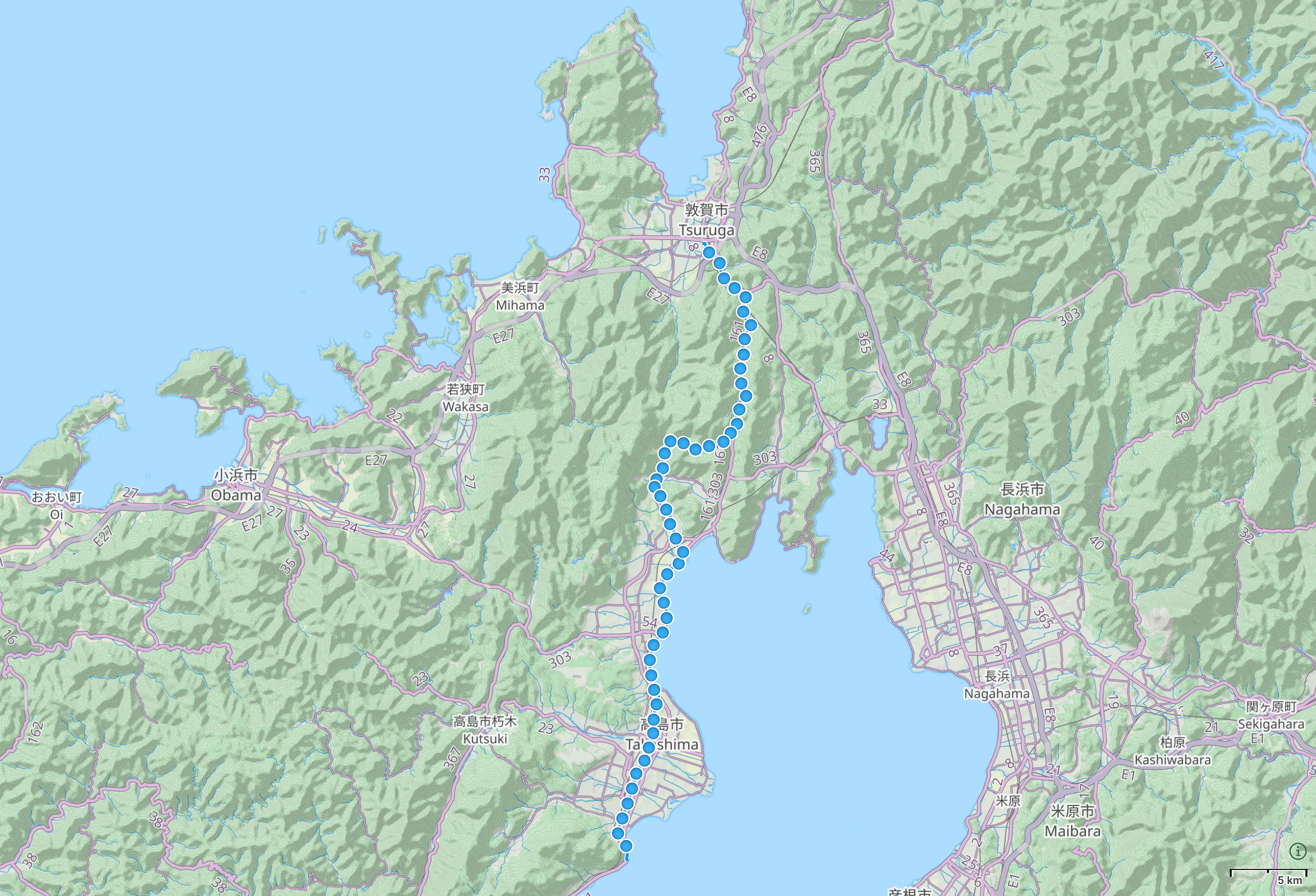 Map of the Lake Biwa/Sea of Japan area with author’s route between Shirahige Shrine and Tsuruga highlighted.