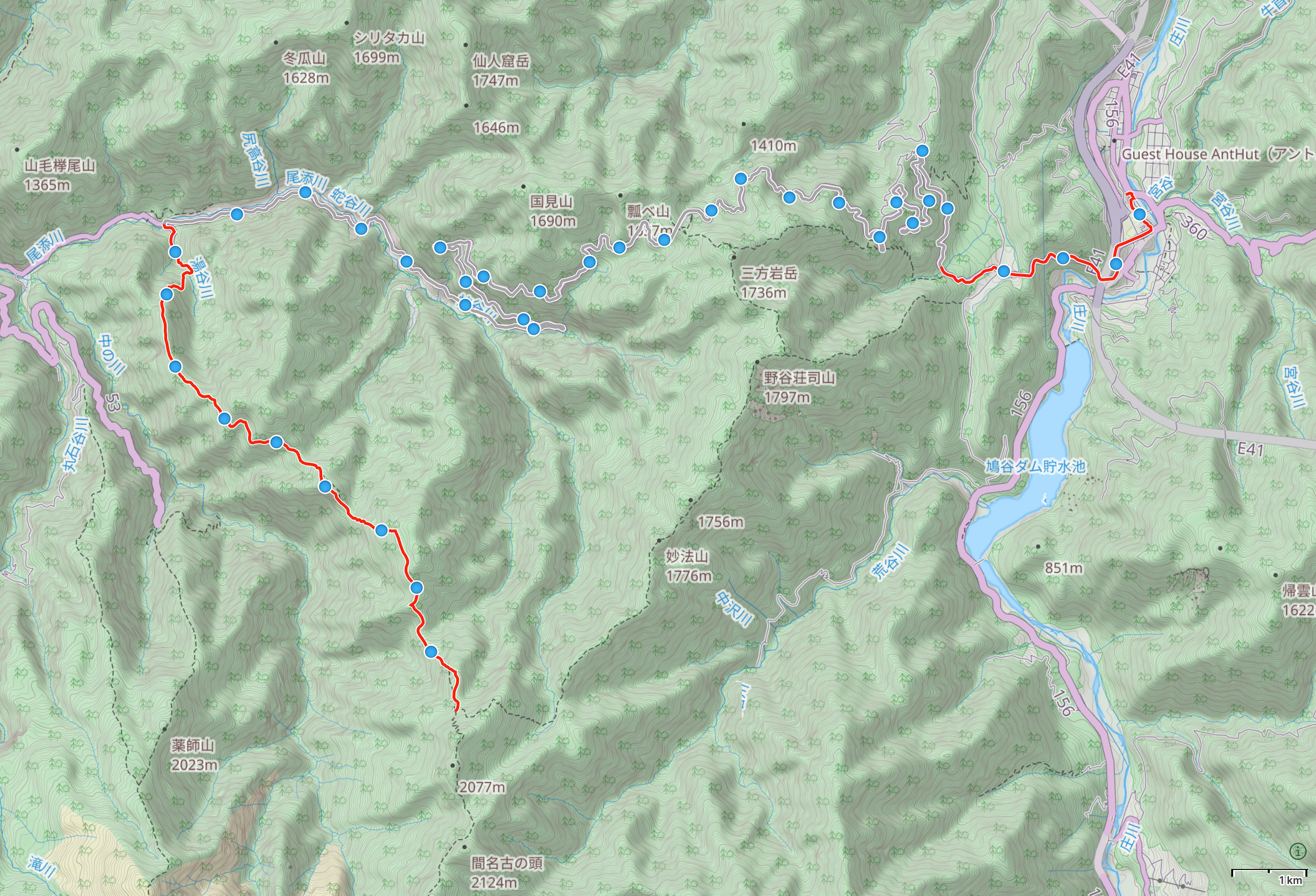 Map of the Hakusan region with author’s route from the Gomadaira shelter to Ogimachi highlighted.