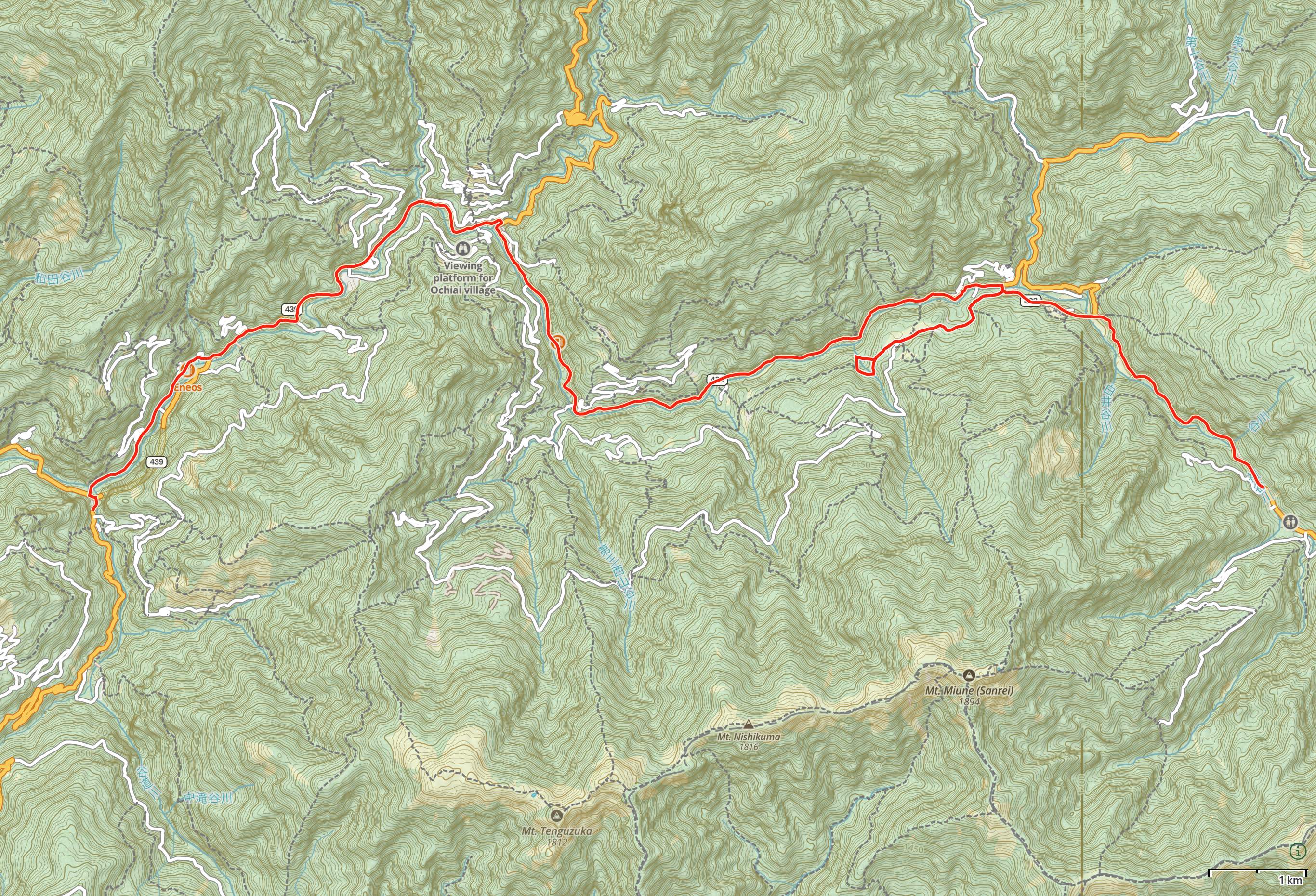 Map of Tokushima Prefecture with author’s route between Nagoro and Niiya highlighted.