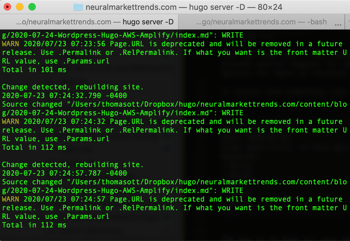 Hugo rebuilding in my terminal window