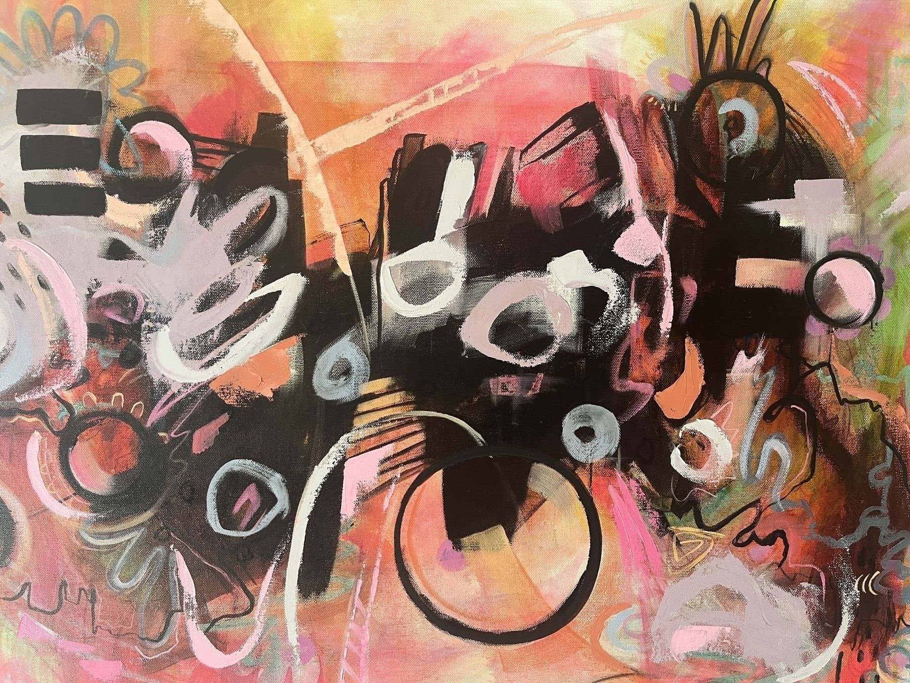 a close up of an abstract painting with black lines and circles and colorful shapes on a bright pink background