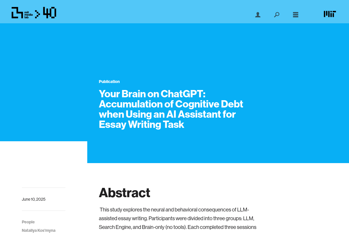 Blue header image of a website with the title of the article Your Brain on ChatGPT|250