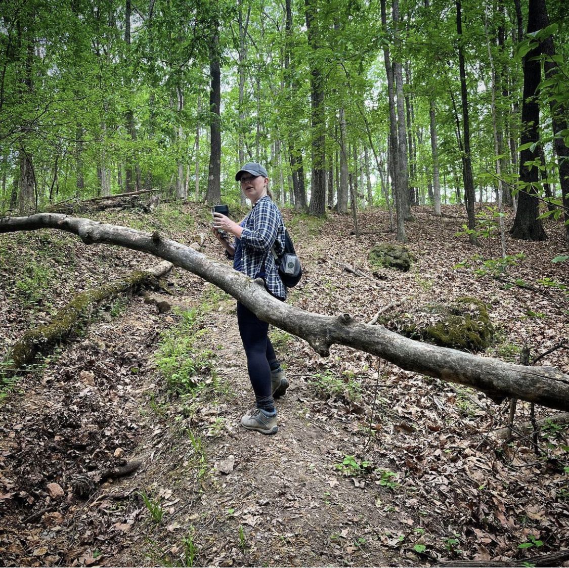 A woman hiking looks back at a branch crossing the trail