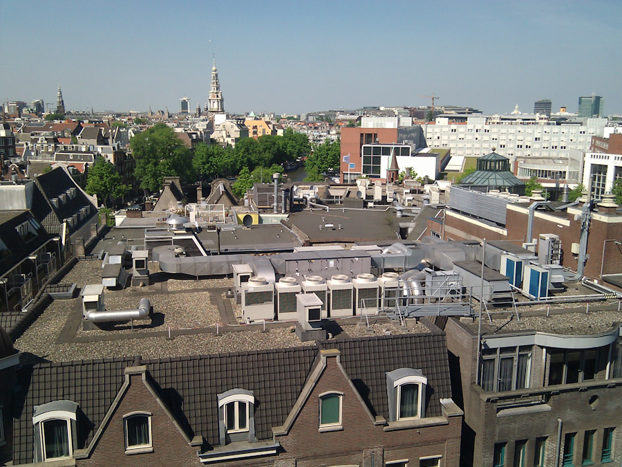 A docked ship becomes part of the Amsterdam skyline